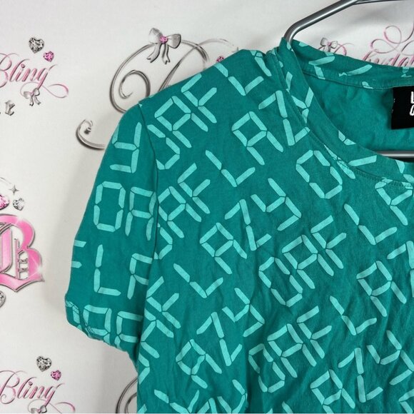 Lazy Oaf cropped tshirt digital clock look pattern writing Teal Logo Crop Top - Picture 4 of 8